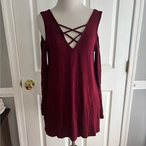 Burgundy Cold Shoulder Top with Crisscross Detail